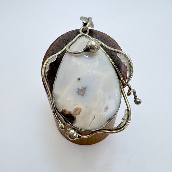 VTG Sterling Silver 925 White Agate Leaf Scroll Design Pendant Size 2.5" Length - Picture 2 of 9